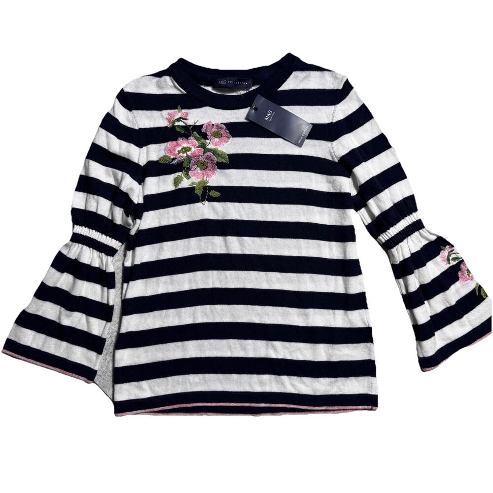 New Marks and Spencer's M&S Collection Striped Floral Sweater Womens Sz 4 NWT